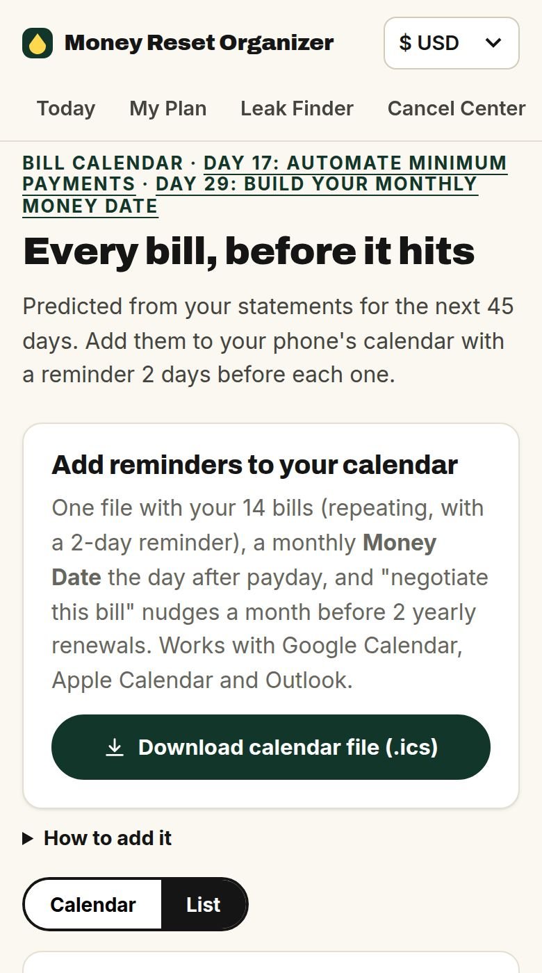 Bill calendar with reminders