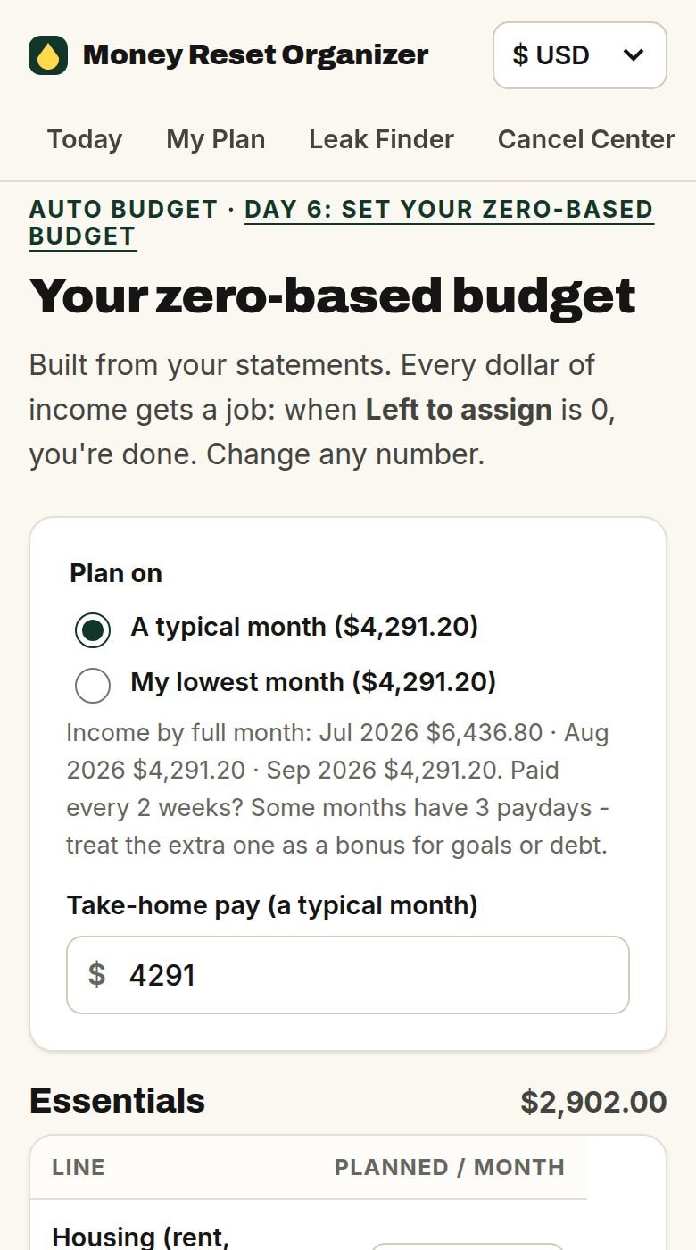 Zero-based budget built from your statement