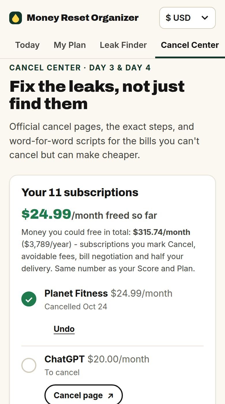 Cancel Center screen: your subscriptions with a cancel page button for each one