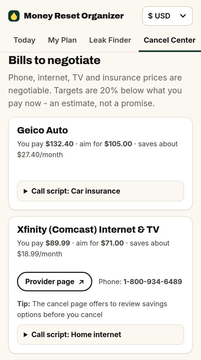 Bills to negotiate, with the provider page, phone number and a call script