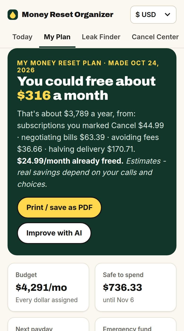 My Plan screen: your personal 30-day plan with how much you could free each month